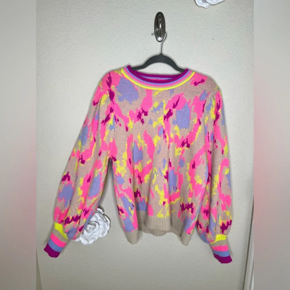 NTM Jodifl Abstract Print Sweater Neon Pink Taupe Balloon Sleeve Pullover Size L - Picture 3 of 16